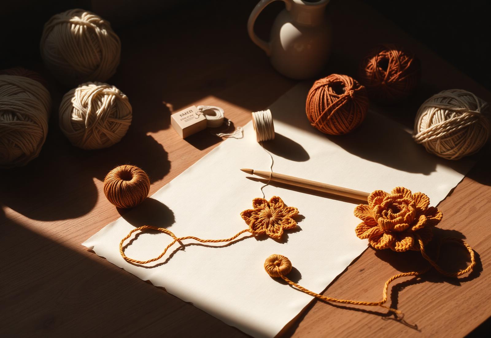 Crochet studio table with yarn skeins, hooks and a half-finished bag