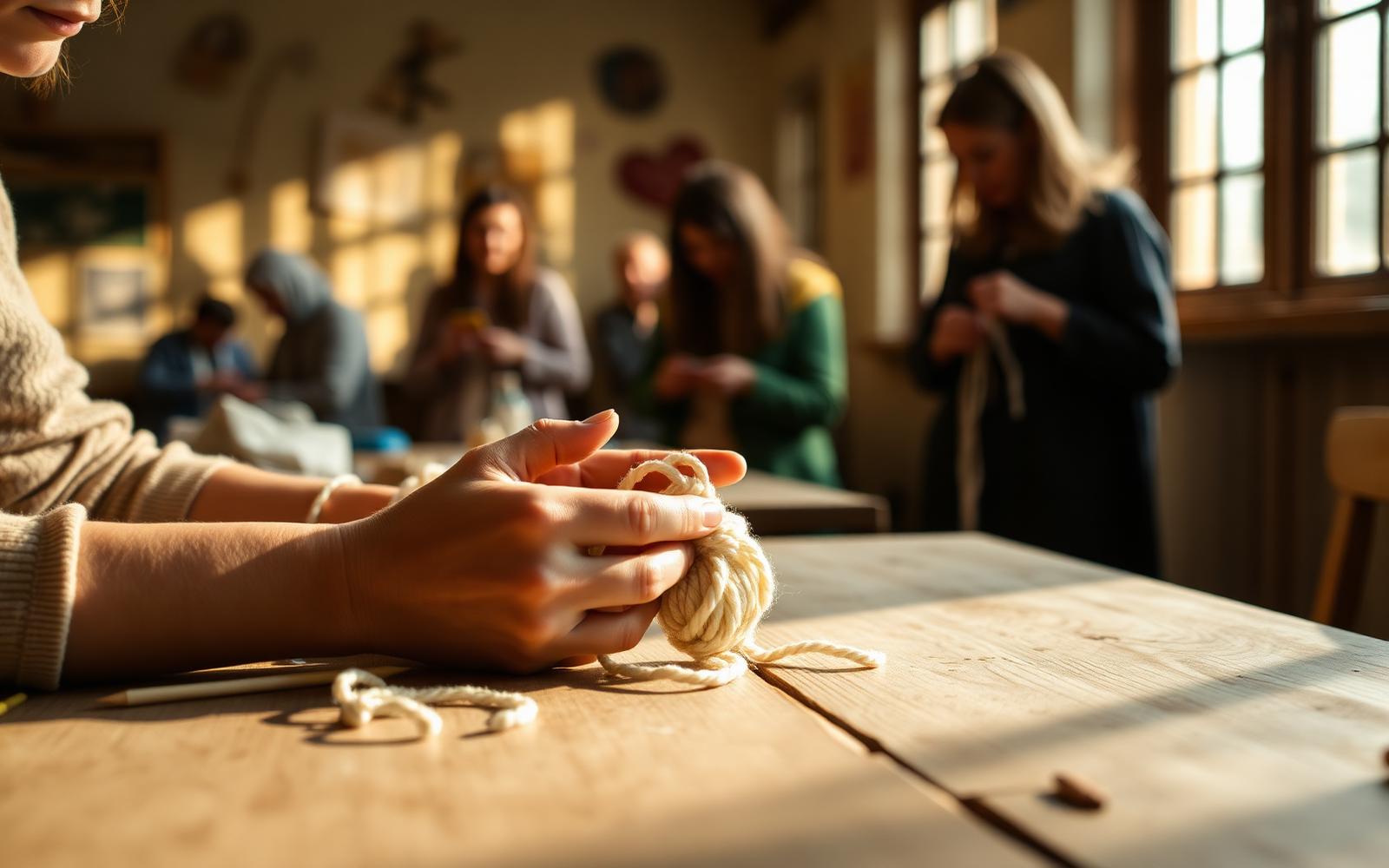 Hands learning crochet stitches around a workshop table